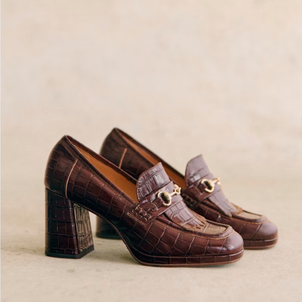 Julianne brown crocodile embossed heeled loafers